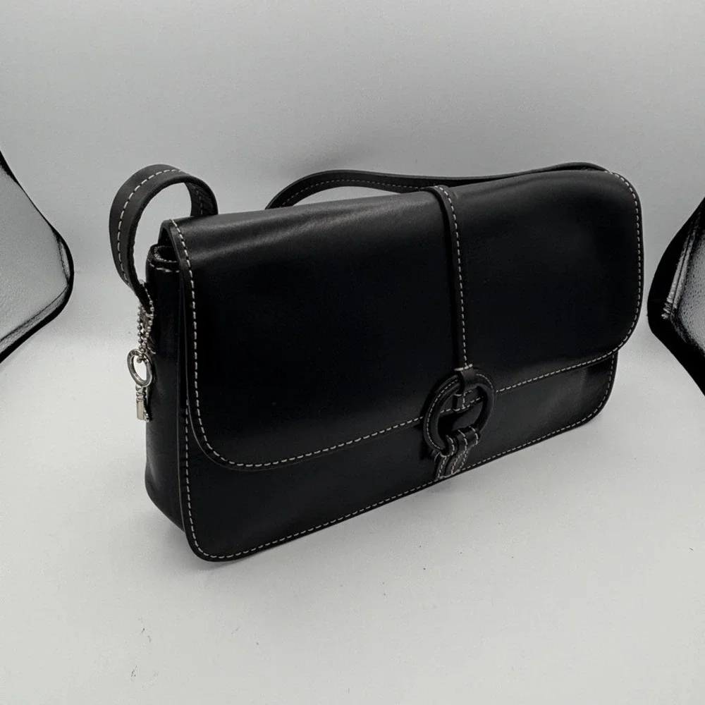 Fossil Shoulder Bag Structured Black Leather Contrast Stitch Vintage Y2K Purse